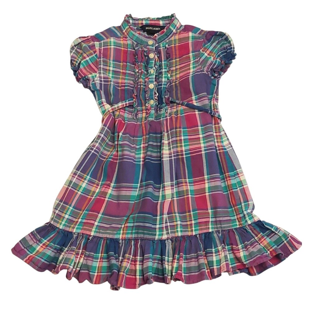 Ralph Lauren Girls Dress size 4 100% Plaid Ruffled Cap Sleeves Empire Waist Cute